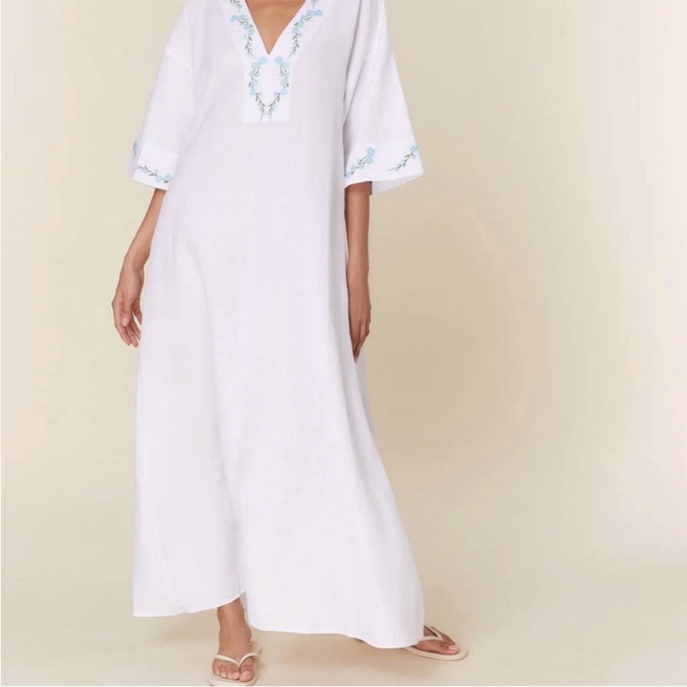 NWT Andie x Fanm Mon KEPEZ DRESS LINEN CAFTAN NEW White Blue EMBROIDERED size XL - Picture 2 of 11